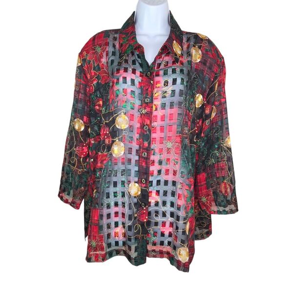 Draper's & Damon's Christmas Holiday Burnout Button-up Blouse Top Size 3x - Picture 1 of 7